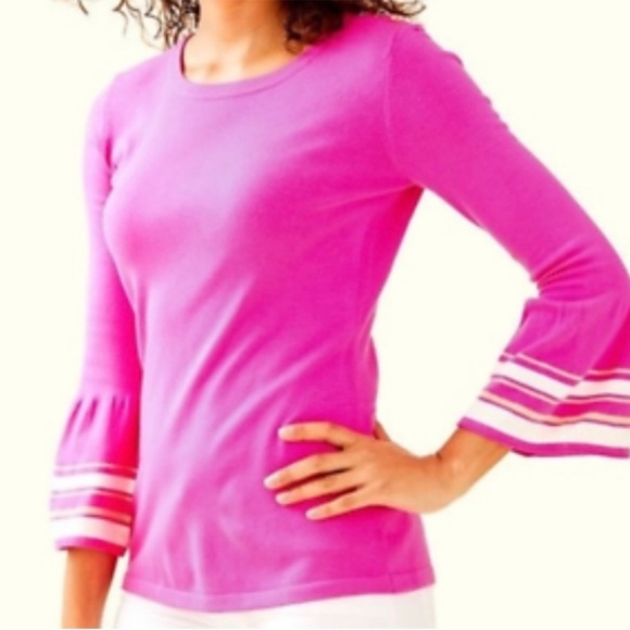 Lilly Pulitzer Callee Sweater Pink Flounce Ruffle Sleeve Gold Buttons Crewneck M - Picture 1 of 13